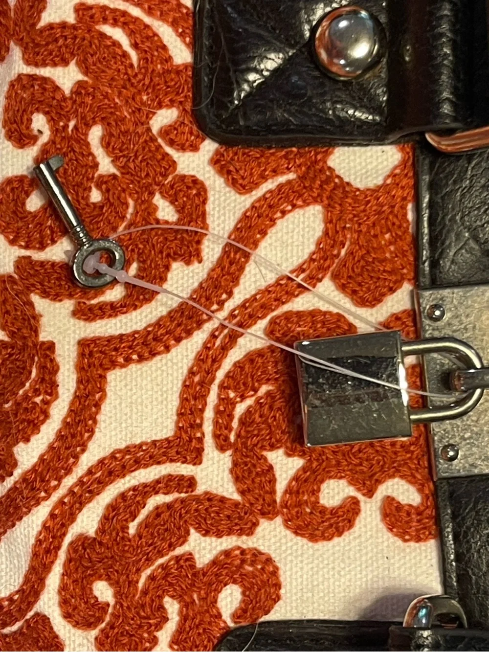 Black Leather Trim Laptop Tote with Orange Patterned Front